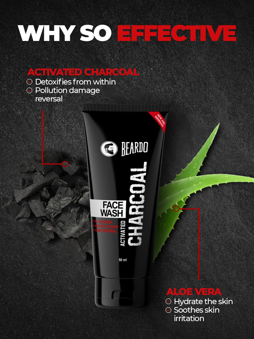 Beardo Activated Charcoal Face Wash for men, 50ml | For Deep Pore Cleaning and Removes Dirt | face wash for acne and pimples | face wash for oily skin