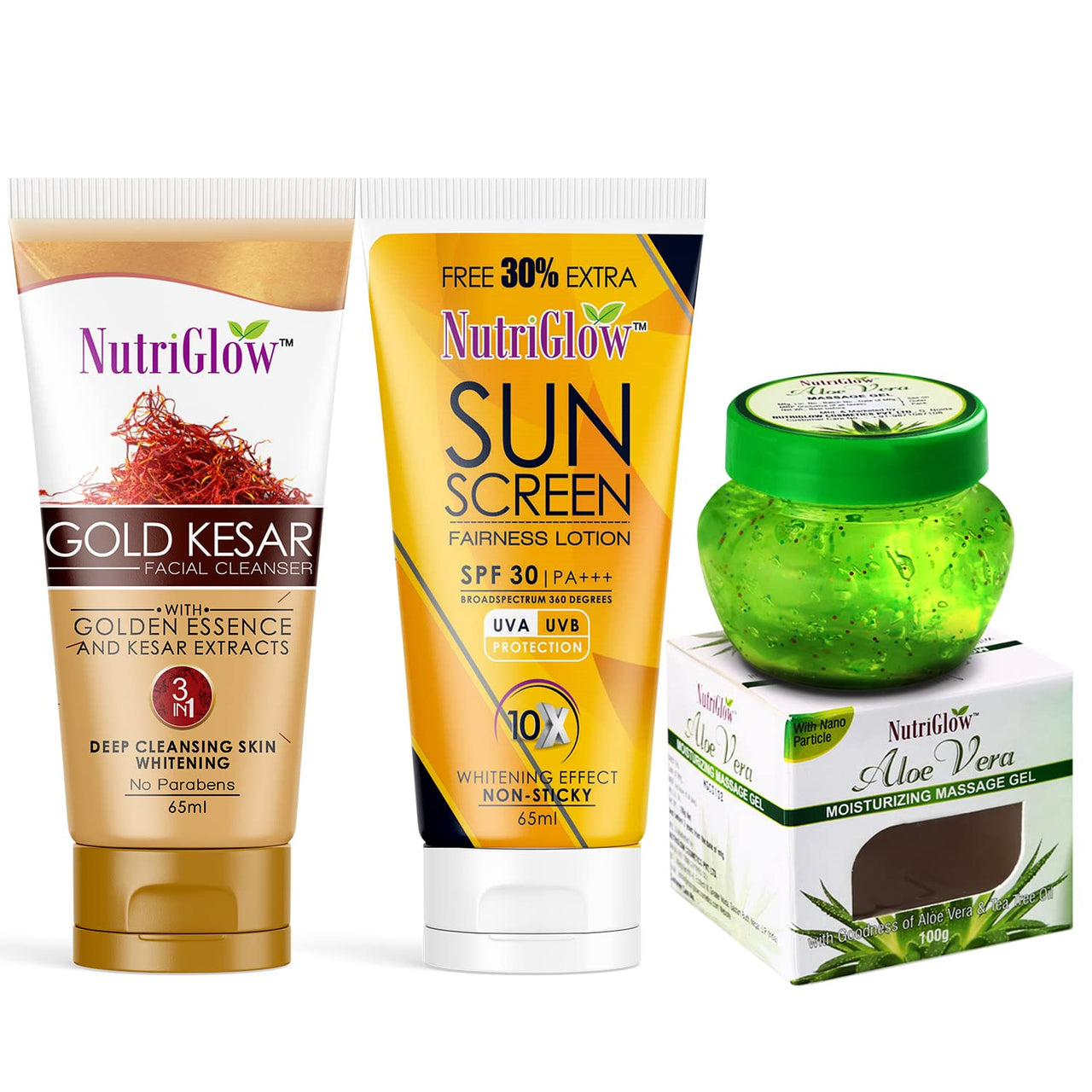 NutriGlow Gold Kesar Face Wash (65ml) With Sunscreen SPF 30 PA+++ (65ml) & Aloe Vera Gel (100g), Pack of 3