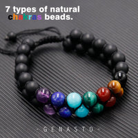 Mens Crystal Bracelet, GENASTO 7 Chakra Bracelet with Real Stones Tigers Eye Obsidan Amethyst Malachite Amazonite Lapis Lazuli Red Agate Beads Bracelets for Multi Healing Protection Balance