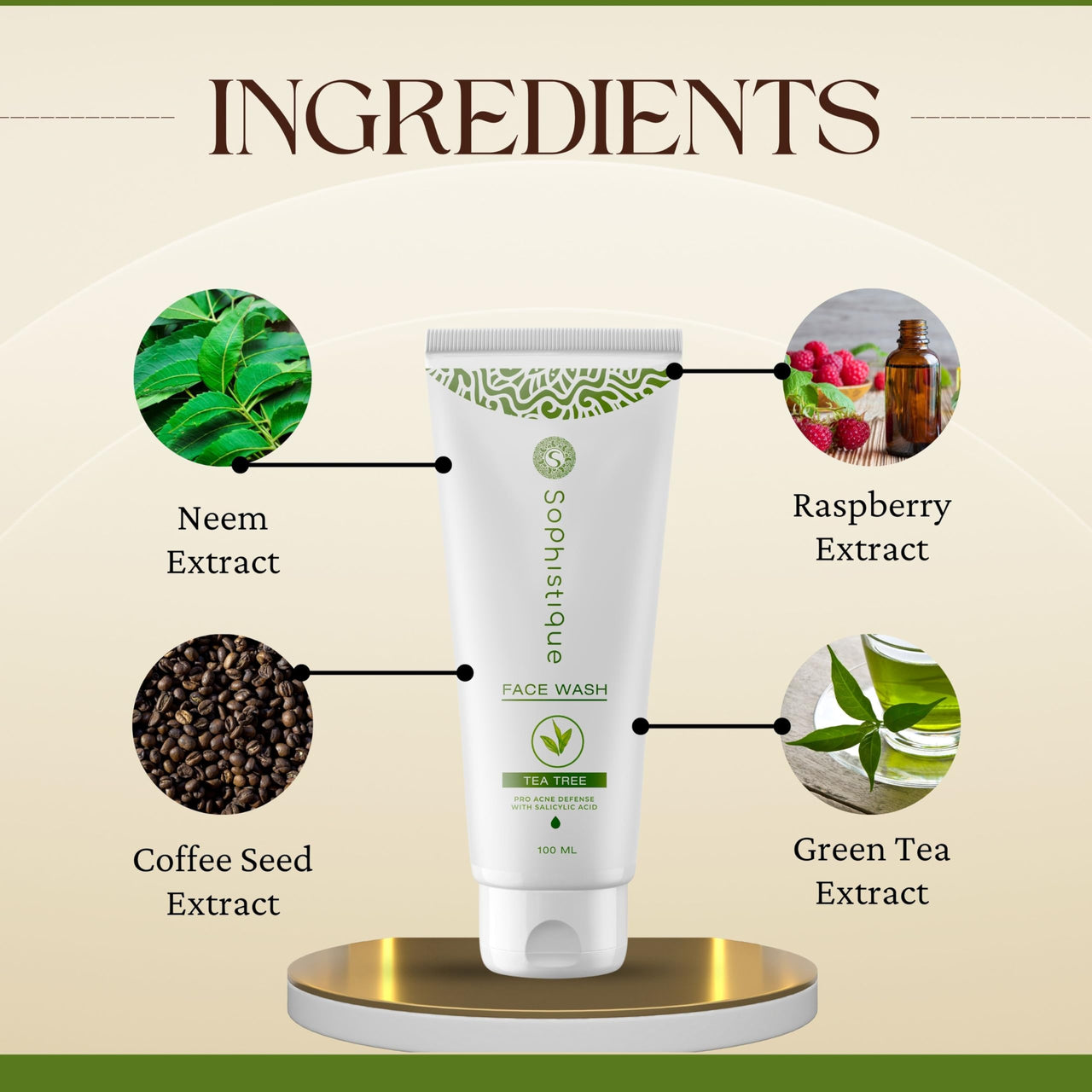 SOPHISTIQUE Tea Tree Face Wash, Pro Acne Defence with 2% Salicylic Acid, Fights Acne, Controls Oil and Unclogs Pores, 100 Percent Natural, Paraben and Sulphate Free, 100ml