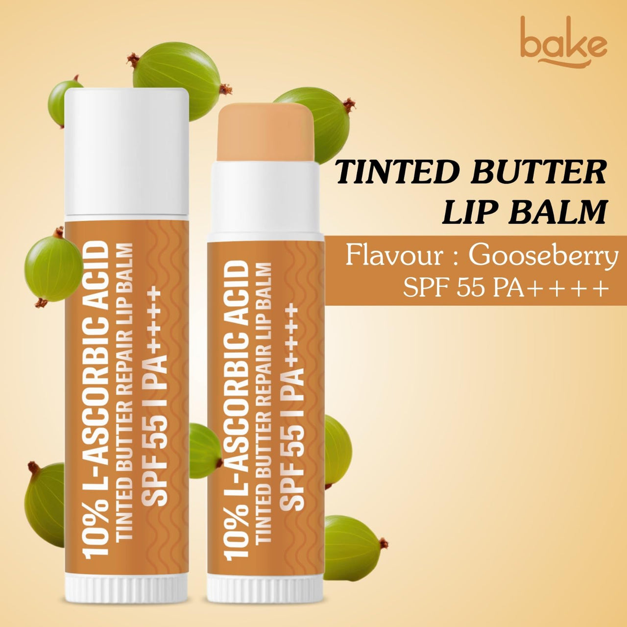 BAKE 10% L-Ascorbic Acid Tinted Butter Brightening Lip Balm SPF 55 PA++++ with Kojic Acid 24 Hour Moisturization | For Dark, Pigmented, Dry & Chapped Lips | De-Tan Lip Balm | For Men & Women - 5g