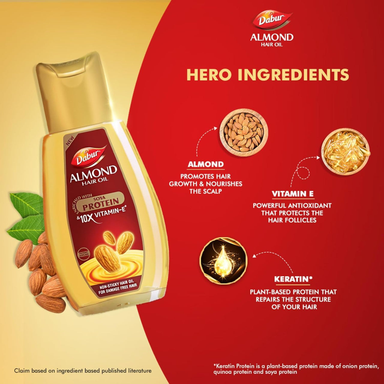 Dabur Almond Hair Oil - 190ml With Free Dabur Almond Oil 95ml | Provides Damage Protection | Non Sticky Formula | For Soft&Shiny Hair | With Almonds, Keratin Protein, Soya Protein & 10X Vitamin E