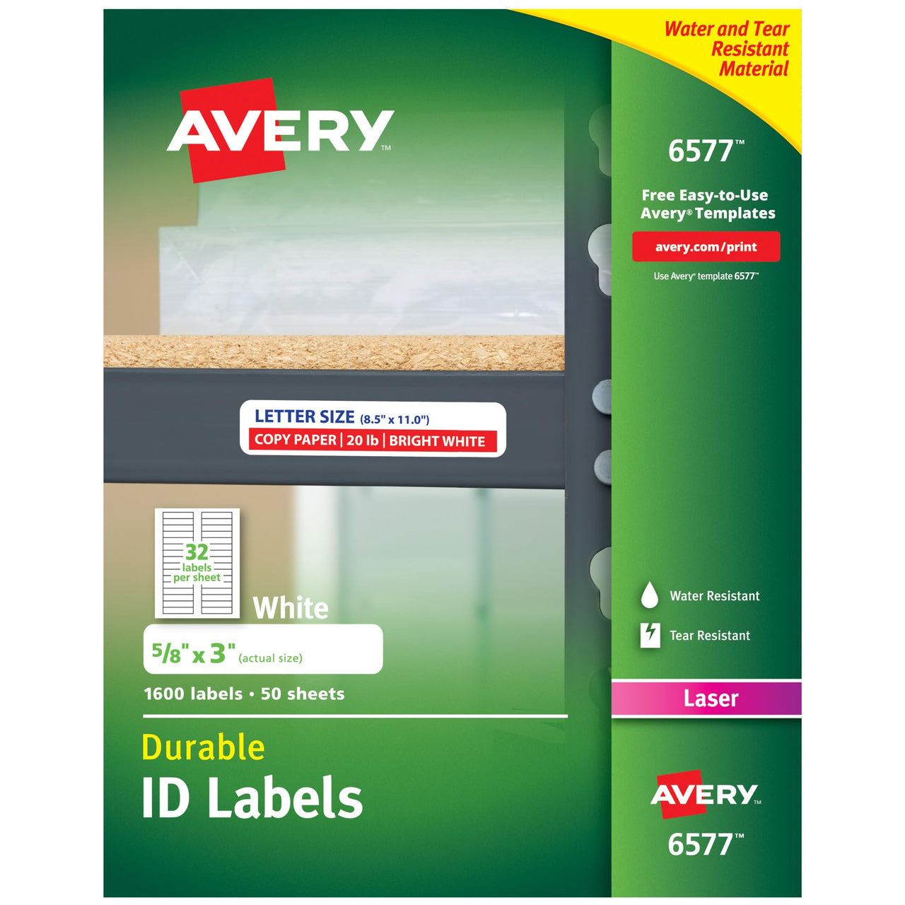 Avery Durable White Cover Up ID Labels for Laser Printers, 0.625" x 3", Pack of 1600 (6577) 5/8" x 3" Label