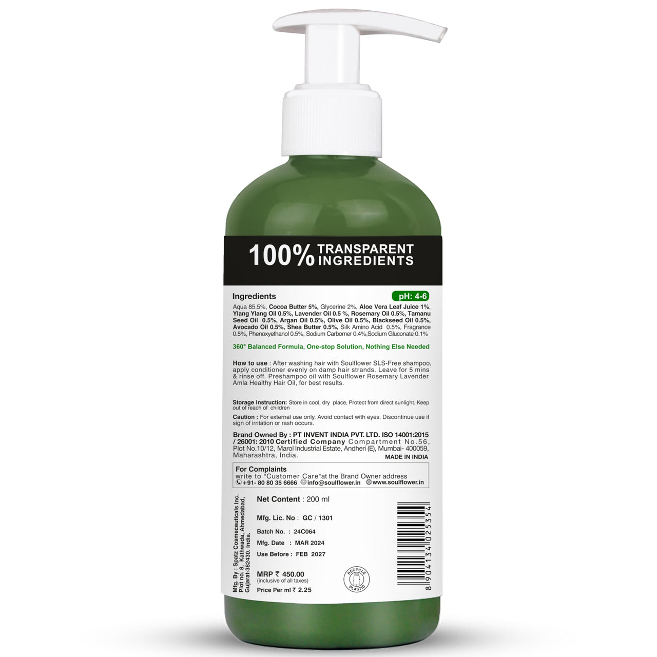 Soulflower Rosemary Argan Hair Conditioner|Hair Growth,Hair Fall Control,Strong,Shiny&Long Hair|Hydration&Nourishment Men&Women|Aloe Vera,Lavender,Rosemary Oil,Olive Oil|200Millilitre