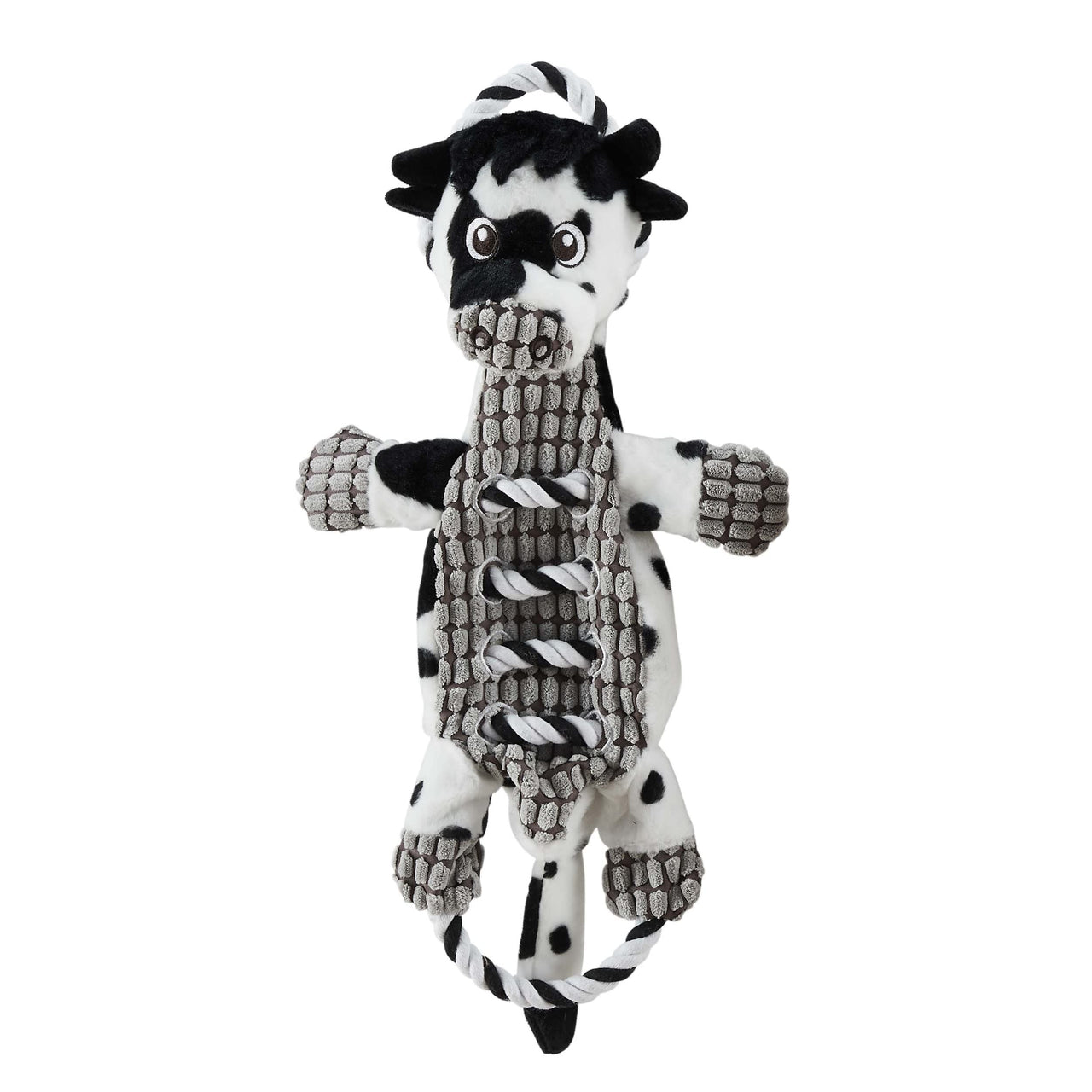 Charming Pet Outward Hound Ropes-A-Go-Go Cow Interactive Plush Squeaky Dog Tug Toy One-Size White and black