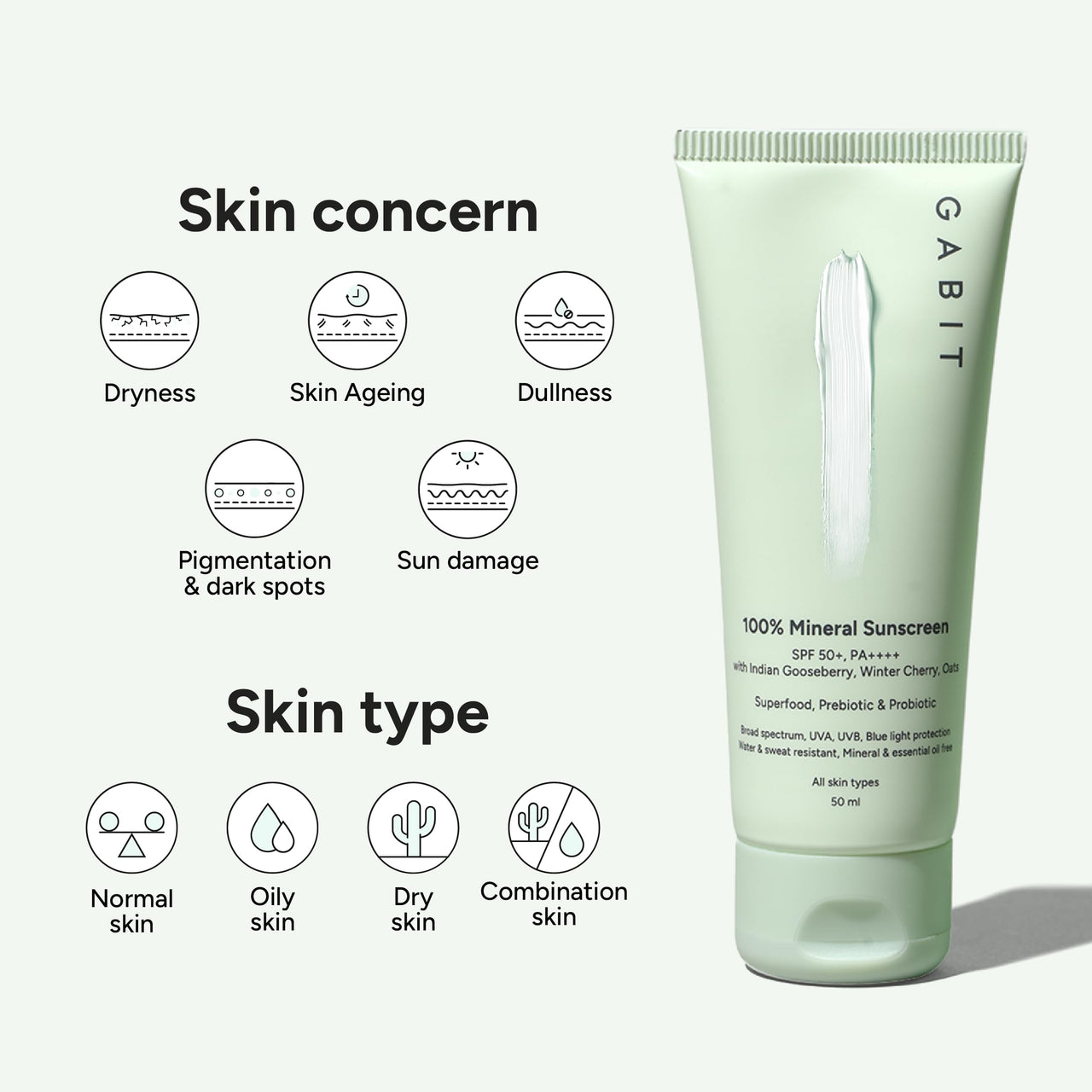 Gabit 100% Mineral Sunscreen SPF 50 PA++++ | Water & Sweat Resistant, UVA/B & Blue Light Protection | No White Cast | Vit E, Gooseberry, Winter Cherry | Normal, Oily, Dry Skin Types | Oil free |50ml