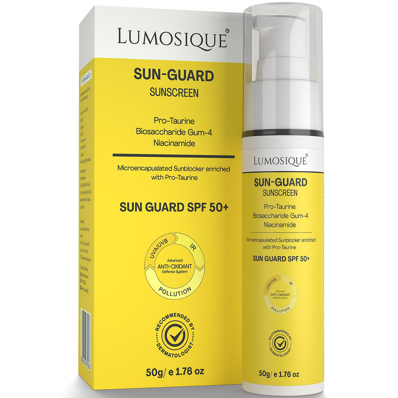 LUMOSIQUE® Sun Guard Sunscreen SPF 50+ for UVB, UVA, IR, Blue Light Protection | Ultra Matte, Broad-Spectrum & No White Cast | Oily, Dry, Sensitive & Combination Skin | for MEN & WOMEN, 50gm