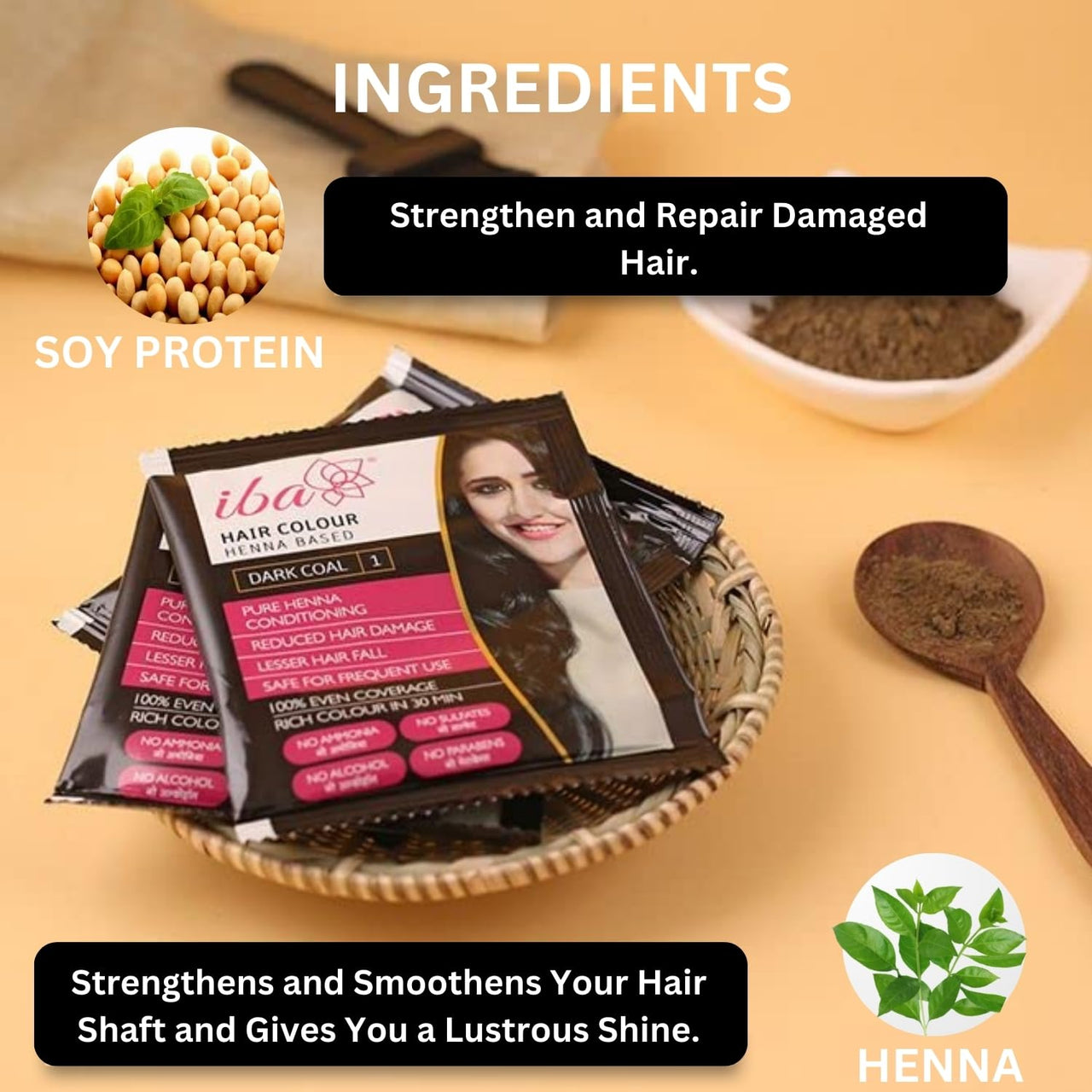 Iba Hair Colour for Women - Dark Coal, 70g (Pack of 2) | 100% Pure Henna Based Powder Sachet | Natural Hair Colour & Long Lasting with Conditioning Formula | Reduced Hair Fall & Hair Damage | Shine & Nourish Hair | Free from Ammonia and Other Harmful Chem