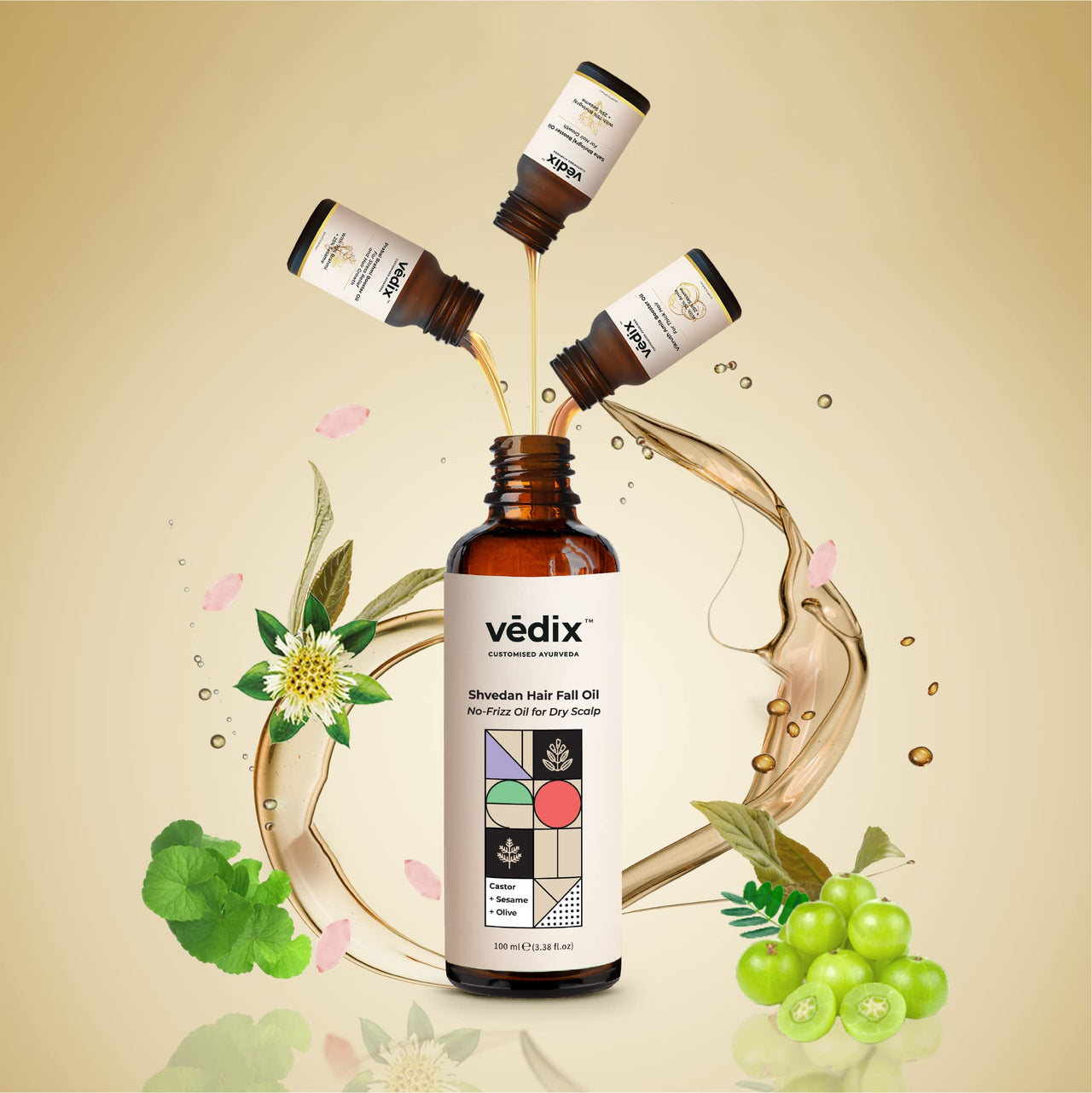 Vedix Ayurvedic Hair Fall Oil Combo with 3 Booster Oils, Shvedan No Frizz Hair Oil For Dry Scalp With Amla, Brahmi & Bhringraj Booster Oils, gift for women, 4 Oils Gift Kit - 130ml