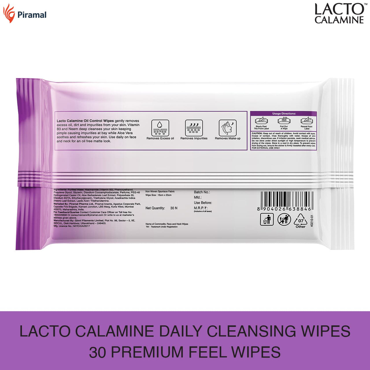 Lacto Calamine Face Lotion for Oil Balance - Oily Skin - 120 ml & Lacto Calamine Oil Control Face Wipes with Neem, Vitamin B3 and Aloe Vera, No Parabens, Alcohol Free, White, 60 Count, Pack of 2
