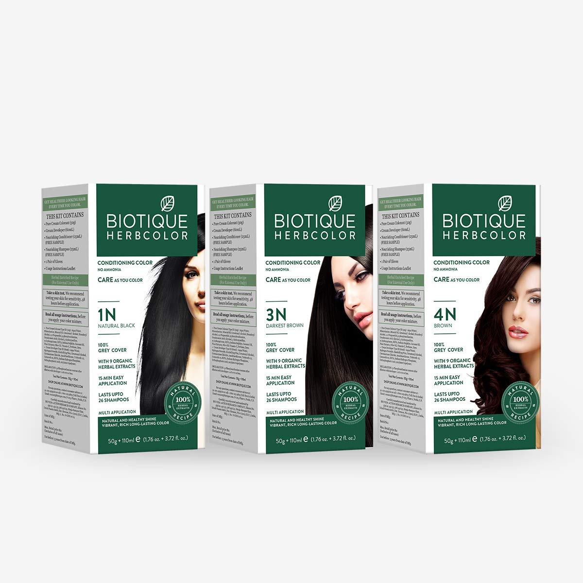 Biotique Herbcolor Conditioning Hair Colour l Ammonia Free Hair Color l 9 Organic Herbal Extracts l Natural and Healthy Shine l 50g + 110ml| Darkest Brown 3N (Pack of 3)