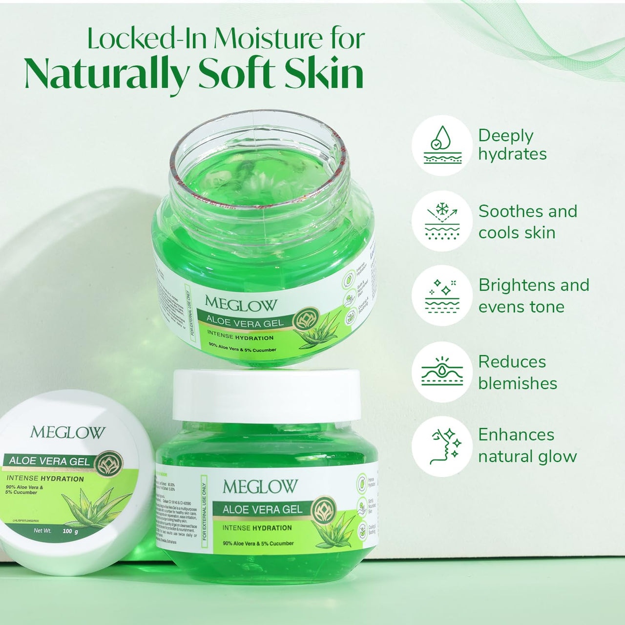 Meglow Aloevera Gel Jar 300g (100g*3) Combo Pack - Aloevera & Cucumber Ext. Hair & face Moisturizer for Dry Skin|| for Nourish & Healthy Skin
