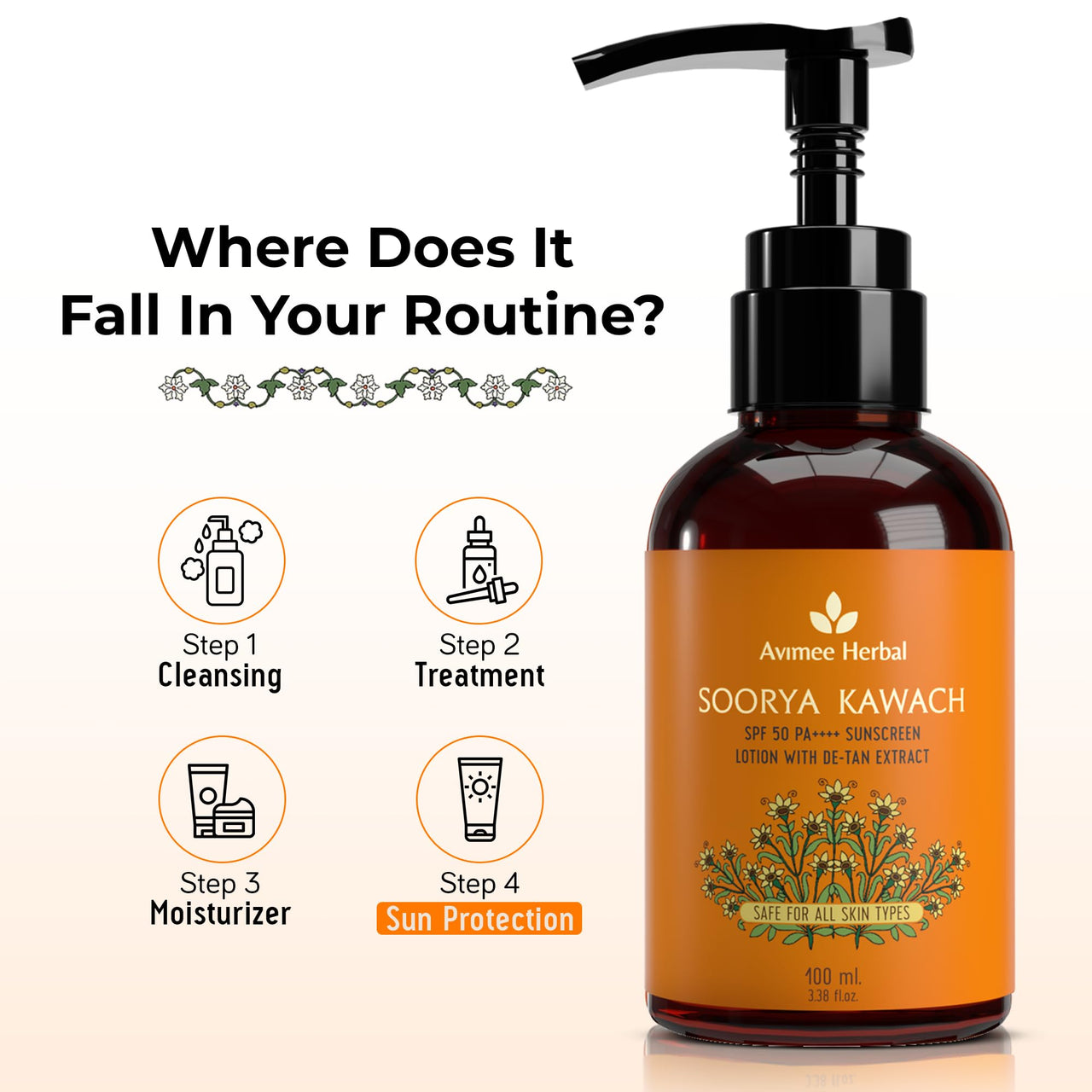 Avimee Herbal Soorya Kawach SPF 50 PA ++++ Sunscreen Lotion with Detan Extract | Broad Spectrum UVA, UVB & Blue Light Protection | For Acne & Marks Free Skin | 100 mL