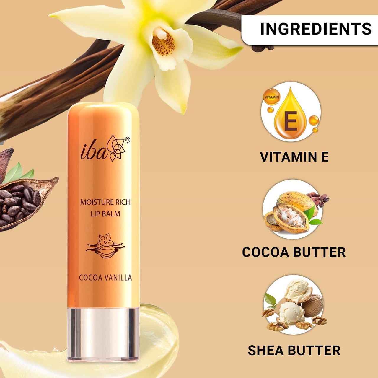 Iba Pure Lips Moisture Rich Lip Balm - Cocoa Vanilla, 4.5 g (Pack of 2) | For Pigmented, Dry Damaged & Chapped Lips | Enriched with Cocoa Butter, Shea Butter | Glossy Finish | 100% Natural | Halal Certified & Vegan