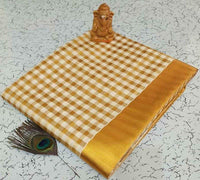 YETTALAN® Women's  Cotton Saree Kerala Traditional Kasavu Saree with Running Blouse (Small Checked)