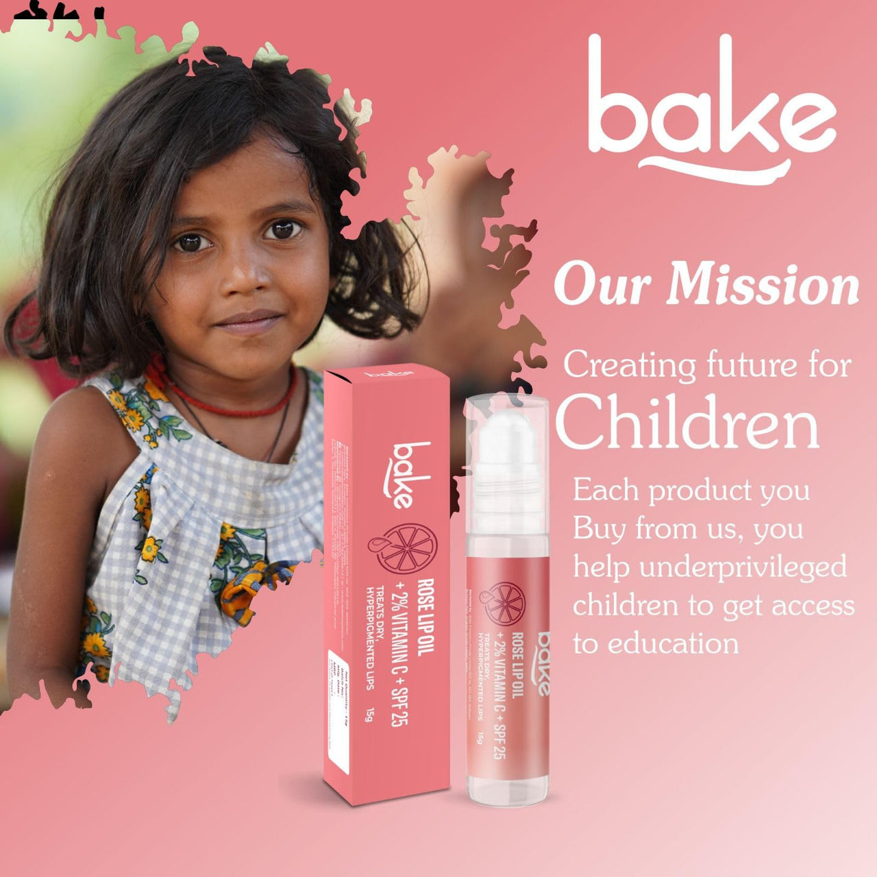 BAKE 2% Vitamin C Rose Tinted Lip Oil Balm with SPF 25 | BAKE in Dawn | Treats Dry, Pigmented Lips | Smooth, Supple Lips with SPF | With Shea butter, Cocoa Butter, Zinc Oxide & Vitamin C | For Men and Women | 15ml (Rose)