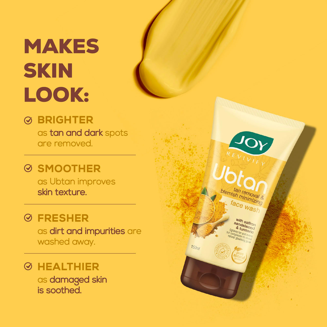 Joy Ubtan Tan Removal Face Wash 150ml x 2 | Detans, Removes Dirt & Blemishes for a Natural Glowing Skin | Enriched With Turmeric, Saffron & Sandalwood | Suitable for All Skin Types