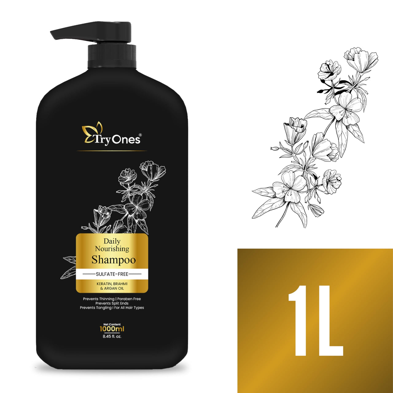 TryOnes Daily Nourishing Sulphate Free Shampoo | Keratin Shampoo with Brahmi & Argan Oil | Sulphate Free, Paraben Free - 1000 ml