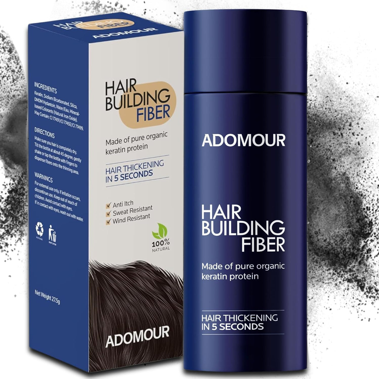 Adomour Hair Building Fiber 27.5g | Keratin Fibers for Thin, Fine & Thinning Hairs | Natural Coverage | Instant Thickening & Volumizing | Bald Spot Cover Up Hair Fiber Powder for Men & Women (Black)