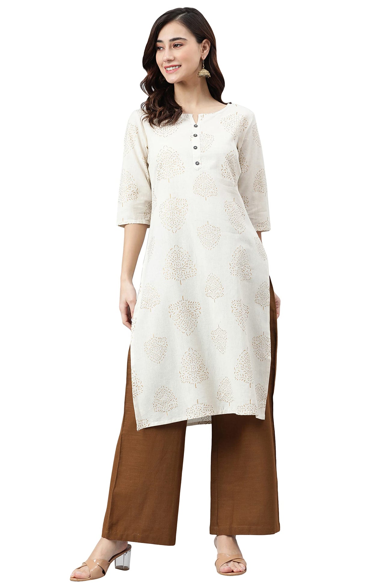 Janasya Women's  Beige Cotton Flex Kurta With Palazzo