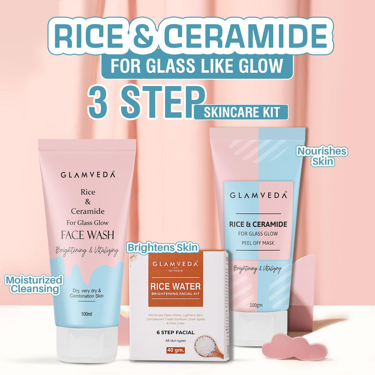 Glamveda Rice & Ceramide Combo Gift Pack | Skin Brightening & Anti Dullness | Face Wash, Facial Kit & Peel Off Mask | SLS, Paraben Free