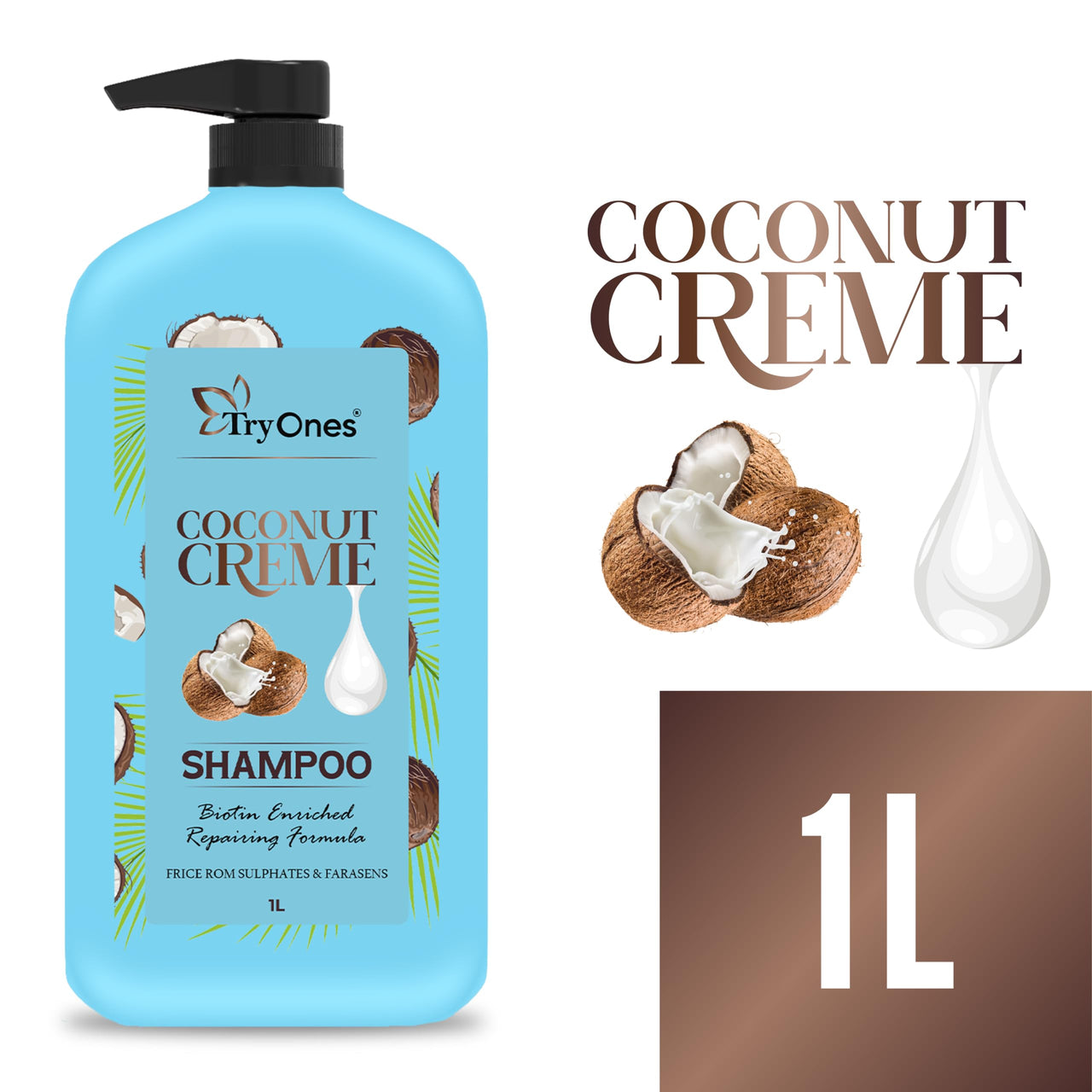TryOnes Coconut Cream Shampoo For Hair Fall/Strength/Damage/Thinning Strong & Shiny Hair Soft, silky hair I Shampoo for Women and Men - 1000ml