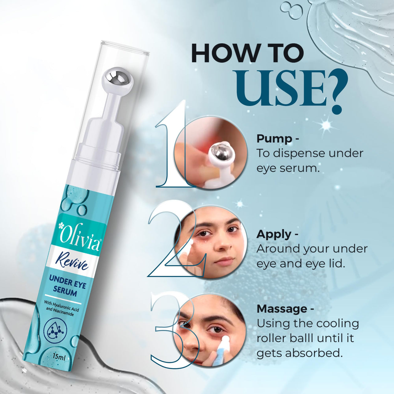 Olivia Revive Under Eye Serum | With Hyaluronic Acid, Niacinamide Serum & Coffee Bean Extract | Dark Circles & Wrinkle Reduction | Anti-Aging Eye Care for Women with Plankton Extracts | 15ml