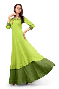 madhuram Women and Girls Rayon Hand Work and Anarkali Kurti Set with 3/4 Sleeve Jacquard Green Dupatta with Round Neck Kurta Set