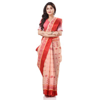 dB DESH BIDESH Women`s Traditional Bengal Phulkoli Woven Design Pure Handloom Cotton Saree Without Blouse Piece White Red
