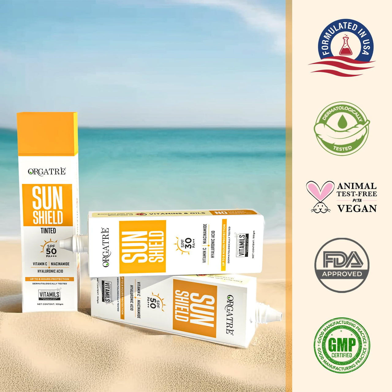 Orgatre Vitamin C Bright Face Sunscreen SPF 50 PA++++ Tinted for Oily & Dry Skin | Lightweight, No White Cast | With Niacinamide & Hyaluronic Acid | UVA/UVB Defense | Water Resistant, Non-Greasy | 100gm