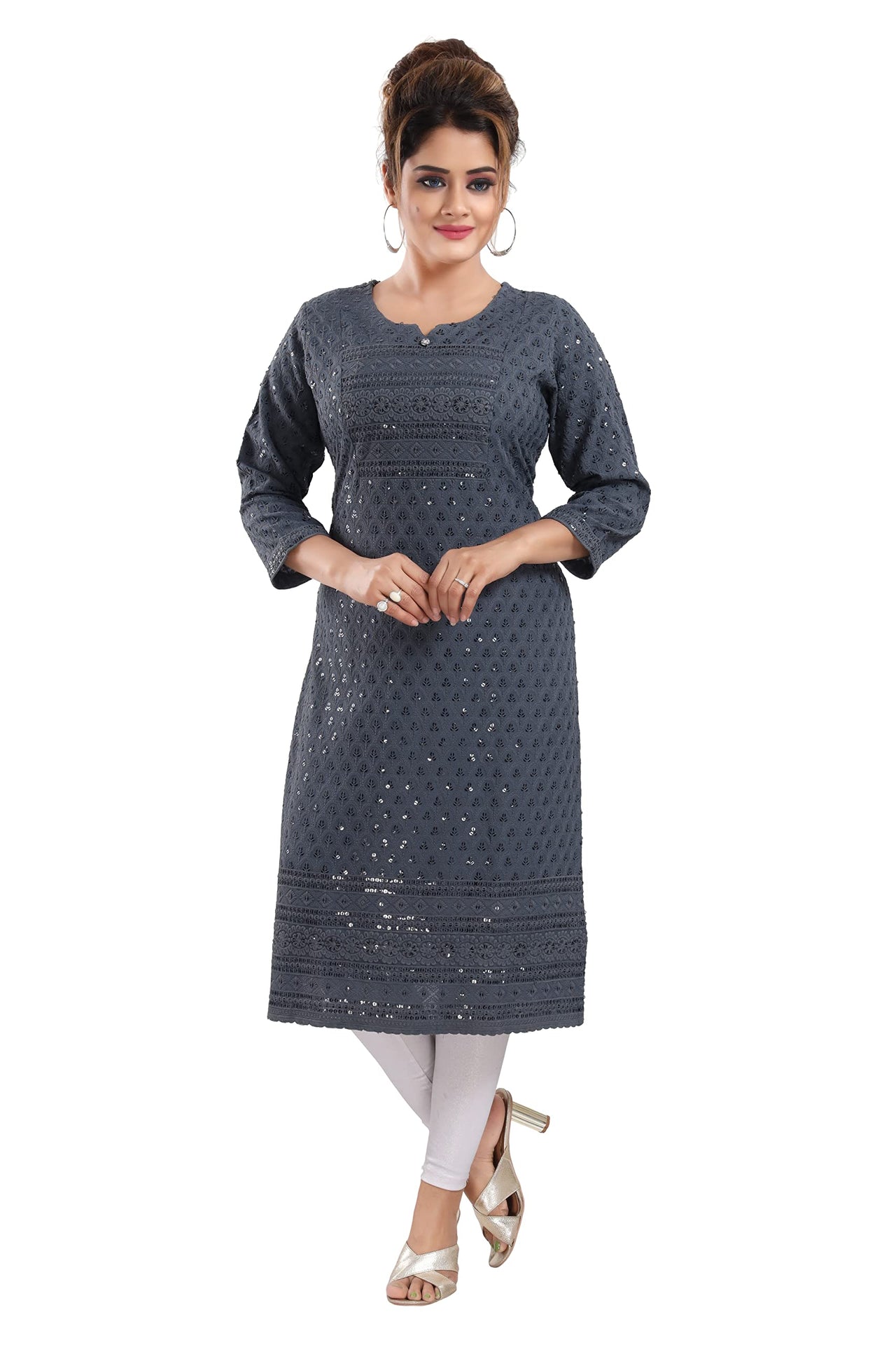 QUEEN SHIELD Women's  Knee Length Rayon Chikan-Kari KurtaKurti (QS_6631)