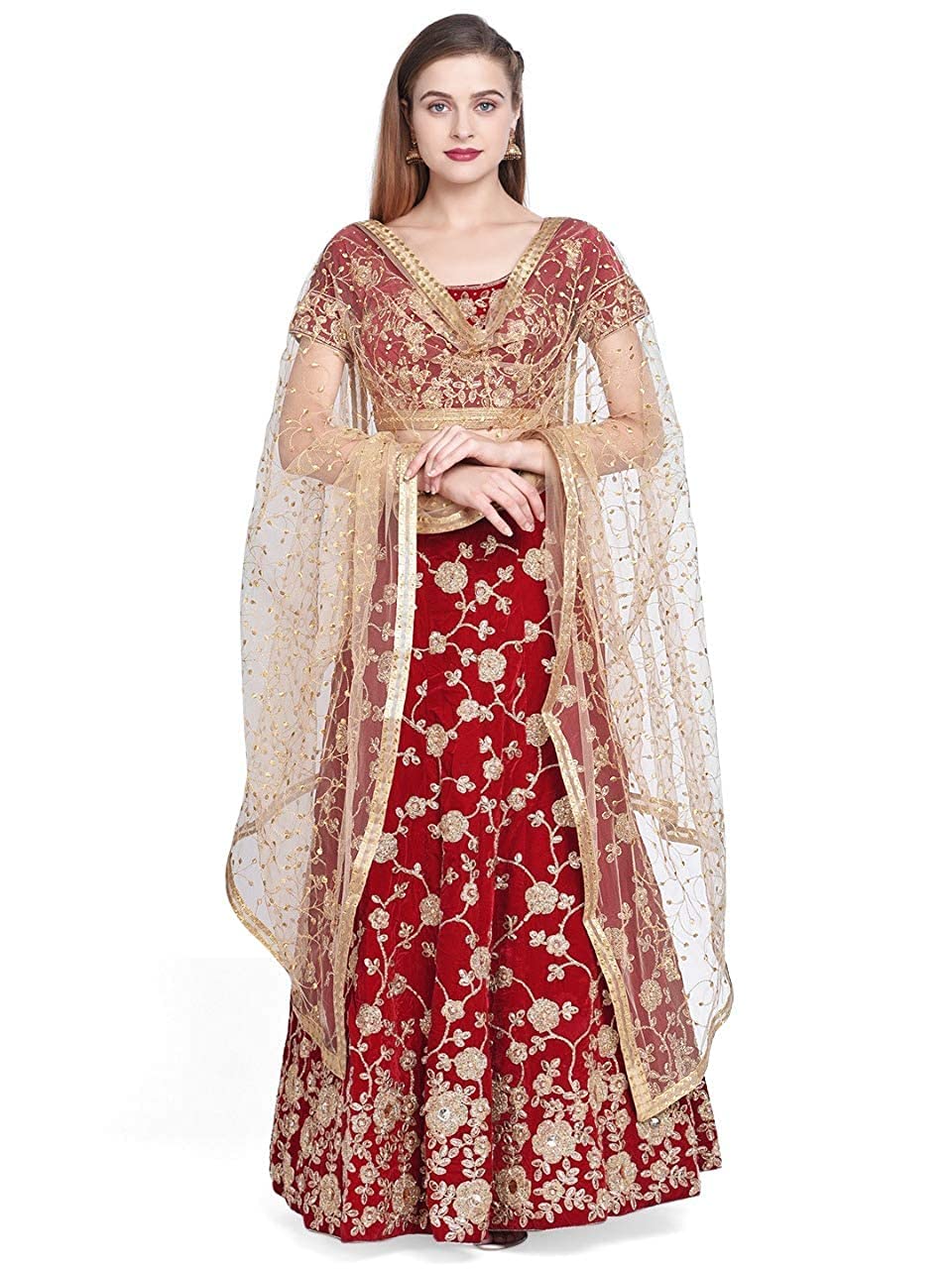 DUPATTA BAZAAR Women's  Embroidered Gold Net Dupatta DB1993