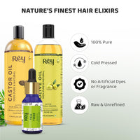 Rey Naturals Castor Oil for hair growth + Olive Oil for Skin & hair + Tea Tree Essential Oil Set | Hair Growth Oil and Essential Oil | Moisturizes, Repairs And Strengthens Hair | 200ml *2 + 15ml