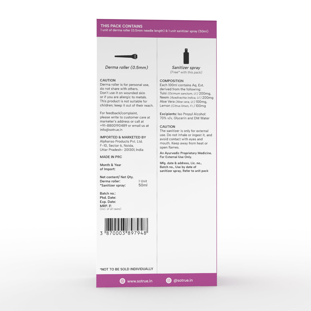 Sotrue Derma Roller 0.5mm with Sanitizer | 540 Stainless Steel Needles | Derma Roller for Hair Growth & Thickening, Repair Damages and Activates Hair Follicles, Reduces Acne Scars (Black)