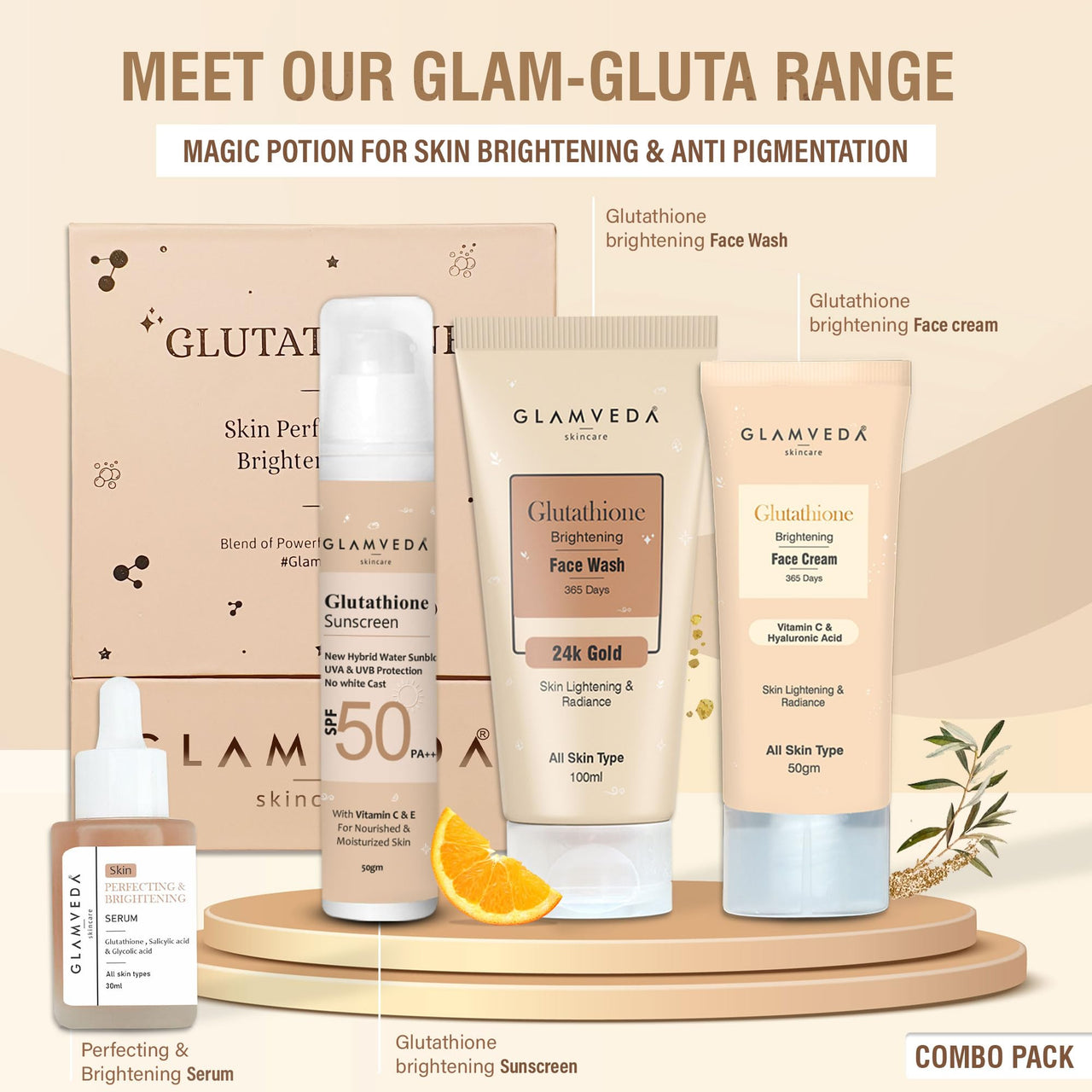 Glamveda Glutathione 4-Step Skincare Routine For Healthy & Radiant Skin | Skin Brightening and Lightening Combo ( Facewash + Facecream + Faceserum + Sunscreen )