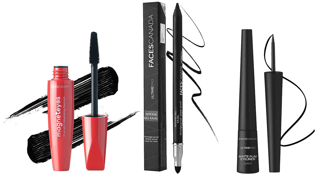 FACESCANADA Ultime Pro Matte Play Pencil Eyeliner Black 01 2.5 Ml (Black) & Ultime Pro Intense Gel Kajal 1.2 G Includes Sharpener (Black) & Magneteyes Dramatic Volumizing Mascara Black 9.5 Ml (Black)