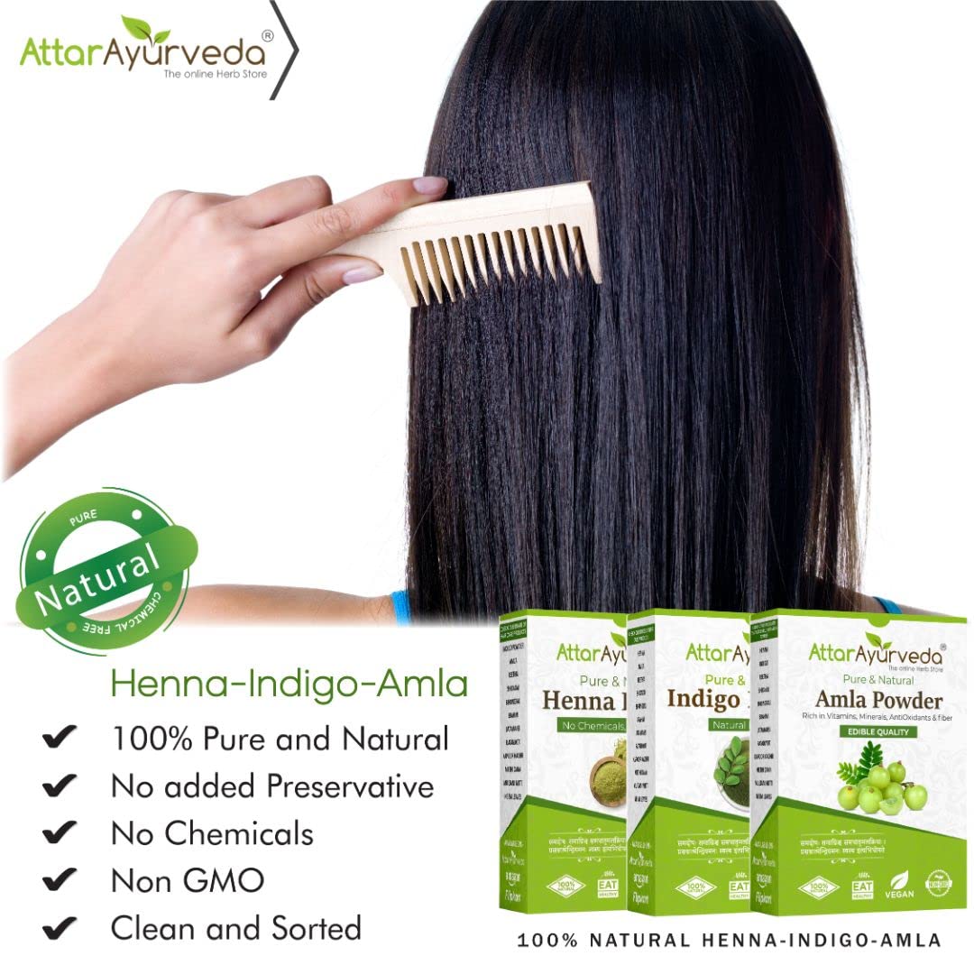 Attar Ayurveda Henna Leaves Powder, Indigo Leaves powder and Amla Powder Combo (650 Grams)