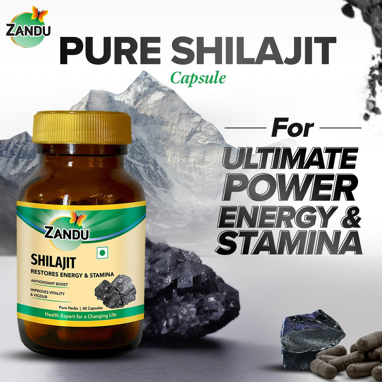 Zandu Shilajit Capsules (60 Caps) Infused with Goodness of Natural Shilajit Extracts for Enhanced Energy & Strength in Men, Manages Stress, Immunity Booster