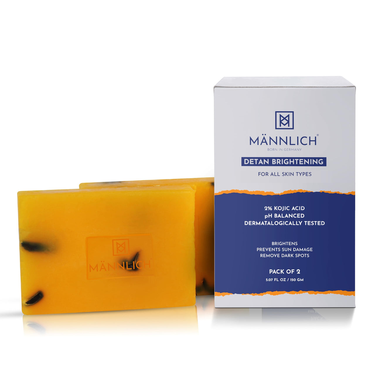 Mannlich 2% Kojic Acid Exfoliating Soap with Alpha Arbutin, Glycolic Acid, Niacinamide & Activated Charcoal | For Pigmentation, Dark Spots, Tan Removal, Brightens Underarms | pH Balanced, SLS Free, Dermatologically Tested | 75 g (Pack of 2)