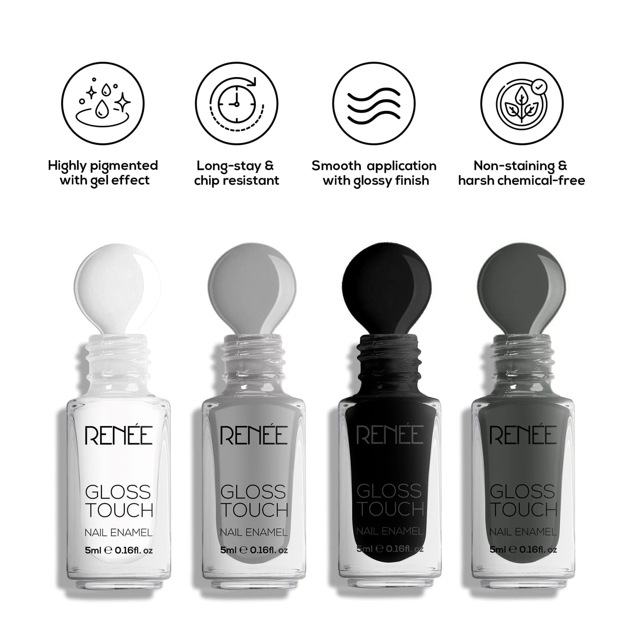 RENEE Gloss Touch Nail Paint Set Of 4 & Gloss Touch Nail Paint, Quick Drying & Glossy Finish Gel Finish Nail Kit, Highly Pigmented & Long Lasting Enamel, Chip Resistant 5 Ml