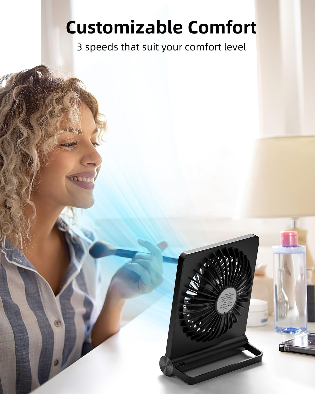 Koonie Portable Desk Fan, 3.5-20hrs Battery Operated Small USB Fan with Ultra Quiet 220 Tilt Folding, Rechargeable Personal Fan with 3 Speeds Strong Wind for Home Office Desktop, Black
