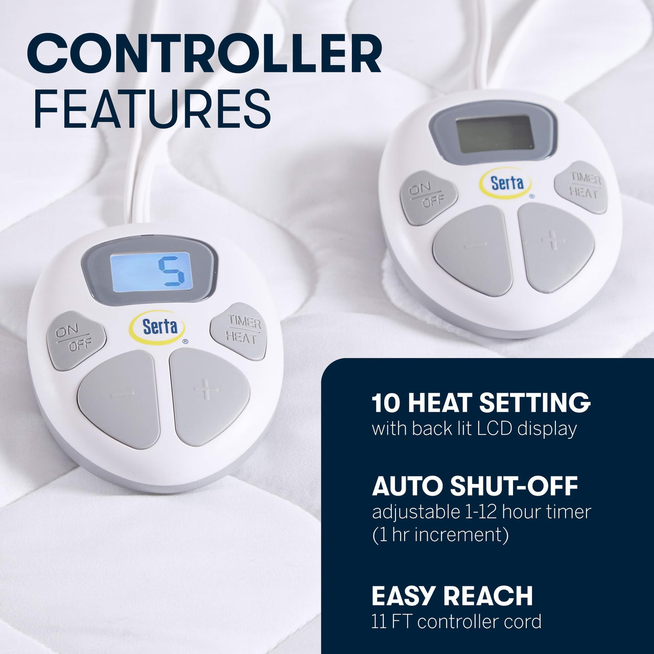 Serta Heated Mattress Pad Twin Size - Electric Mattress Pad, 10 Heat Setting Controller, Auto Shut Off Timer, Deep Elastic Pocket, Up to 17" Mattress, ETL Certified, Machine Wash, Twin, White