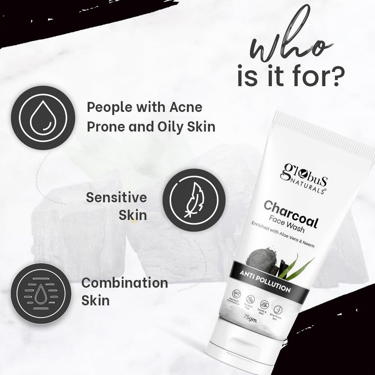 Globus Naturals Anti Pollution Charcoal Face Wash, Enriched with Tea Tree Oil, For Oily & Acne Prone Skin, 75 gm