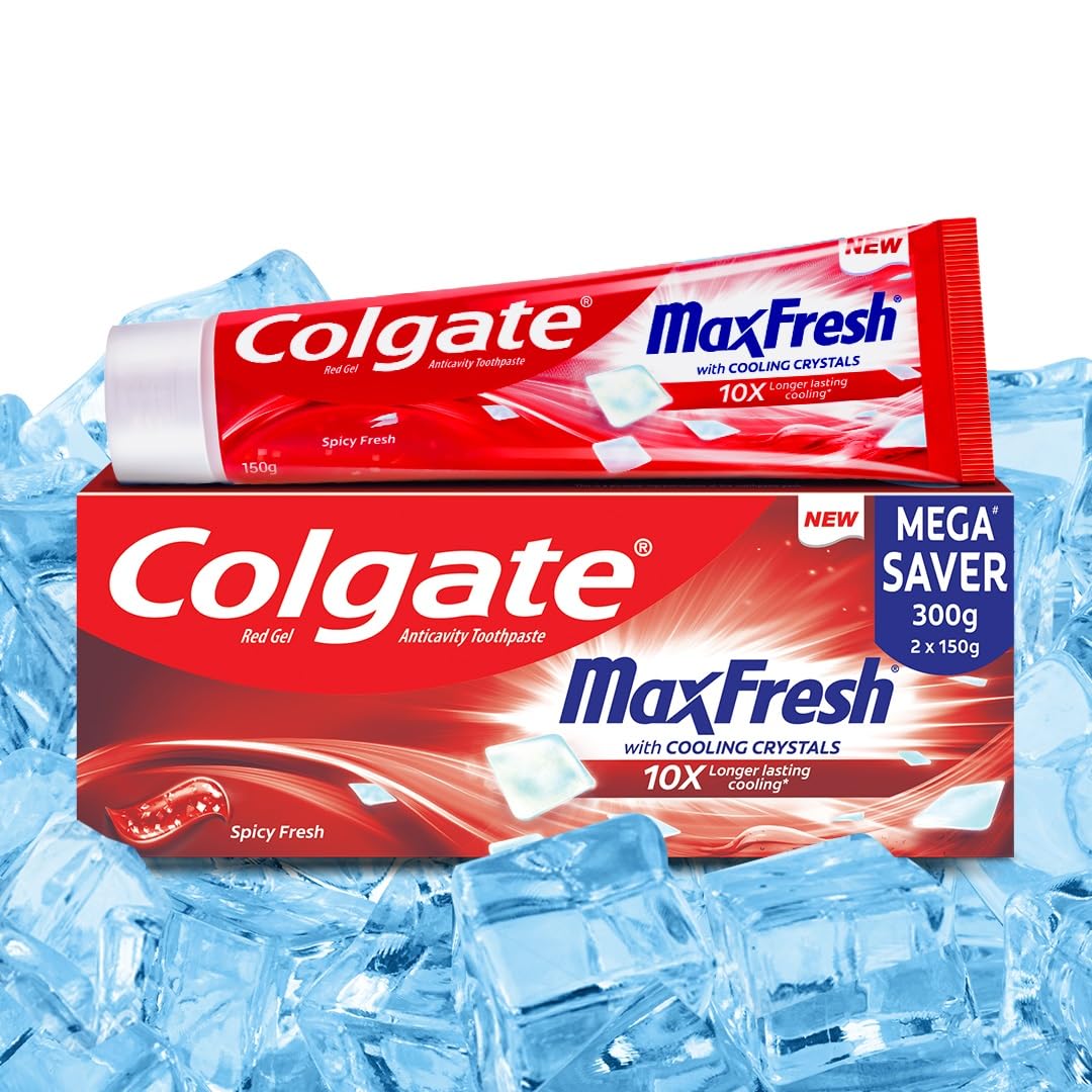 Colgate MaxFresh Toothpaste, Red Gel Tooth Paste with Menthol for Super Fresh Breath, 300g, 150g X 2 (Spicy Fresh) (Combo Pack Offer)