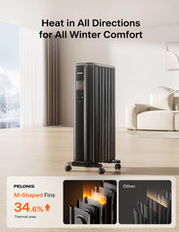 PELONIS Oil Filled Radiator, Electric Space Heater for Indoor Use Large Room with Thermostat & Remote, 3 Modes & 3 Heat Settings, ECO Mode, 24H Timer, Quiet, Overheat & Tip-Over Protection, 1500W Premium with LED Display Black