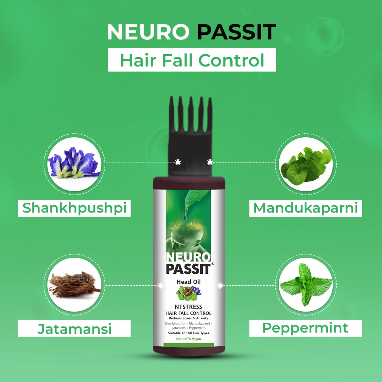 Passion Indulge Neuropassit NTstress Hair fall Control 100ml & Aloe Tree 2 in 1 Anti Dandruff Conditioning shampoo 200ml Combo Pack For Reduce Stress & Anxiety |Hair Cooling Oil | Promote Good Sleep | Anti Dandruff With Jatamansi & Aloe Vera | Natural & V