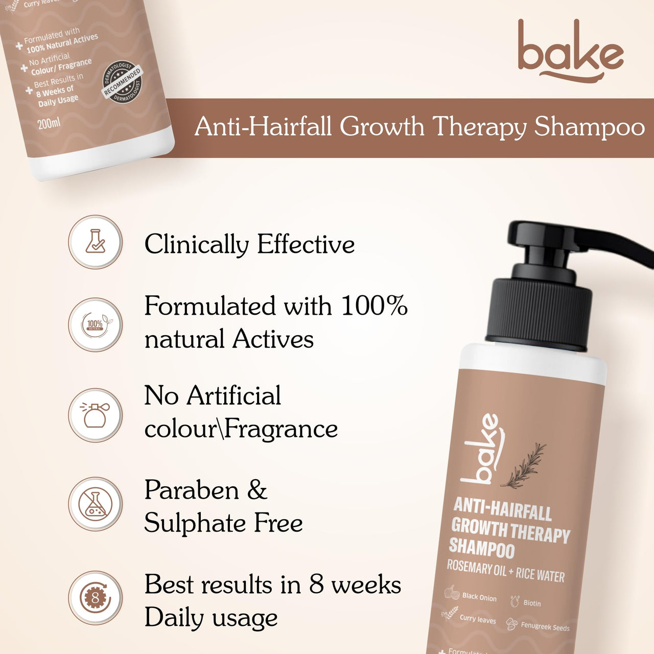 BAKE Rosemary Anti Hair Fall Shampoo for Hair Growth, Hair Fall & Dandruff Control with Black Onion & Methi Dana, Reduces Hair Loss & Prevents Hair Damage, For Men & Women - 200ml