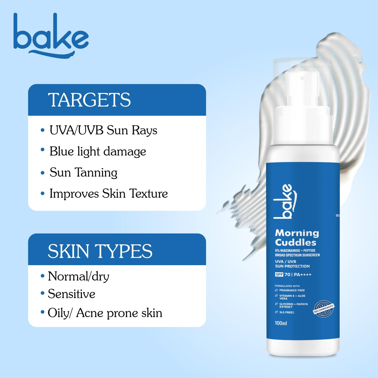 BAKE 100% Mineral Water Resistant Sunscreen SPF 70 PA+++ with 5% Niacinamide, Peptide | Sweat & Water Resistant, UV/A & B, Blue Light Protection | For Oily Acne Prone Skin | For Acne Scars & Dark Spots | Broad Spectrum Sunscreen | No White Cast | 100g