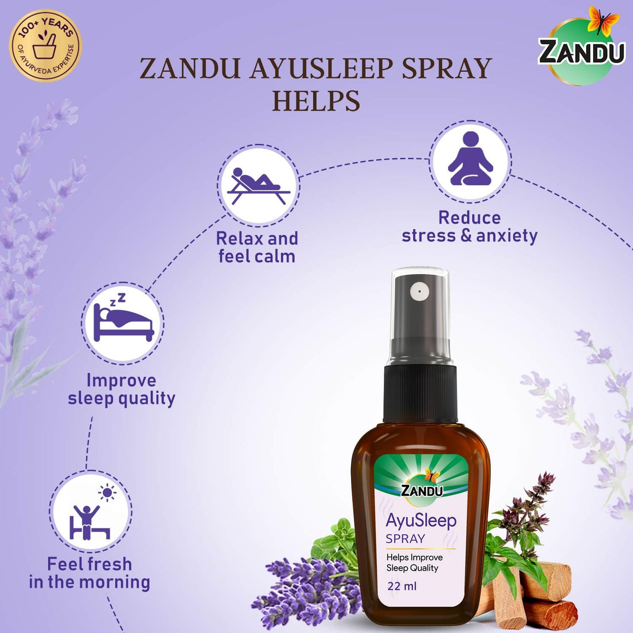 Zandu AyuSleep Spray| Prepared with 100% Natural and Safe to Use Ingredients| Remedy for Sleep disturbances, stress & anxiety (Spray Bottle)