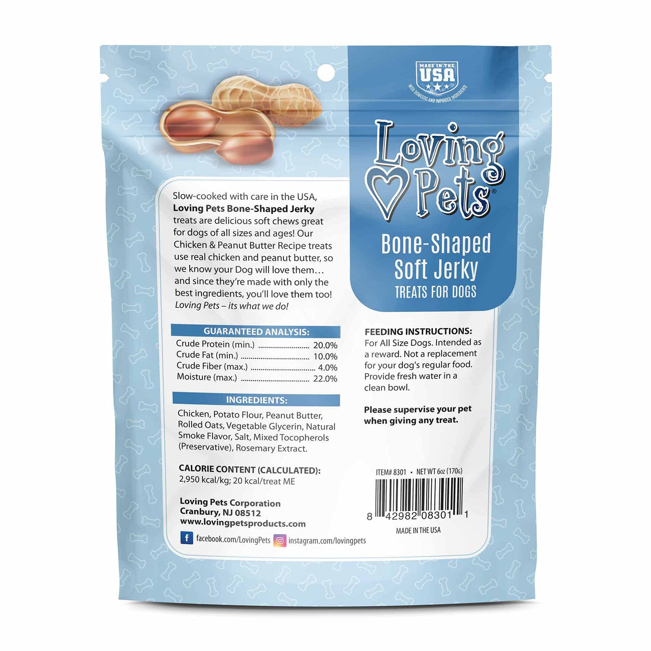 Loving Pets - Soft Chew Jerky (Bone-Shaped, Chicken & Peanut Butter Recipe) USA Made Dog Treats